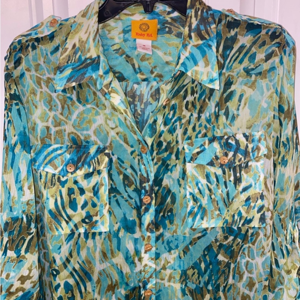 Ruby Rd. Blue And Green Patterned Button Down Shi… - image 1